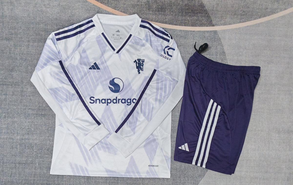 Kit infantil Manchester United Away Manga Longa 25/26  - Branco