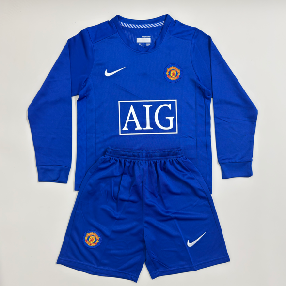 Kit infantil Manchester United Retrô AWAY Manga Longa 2008 - Azul