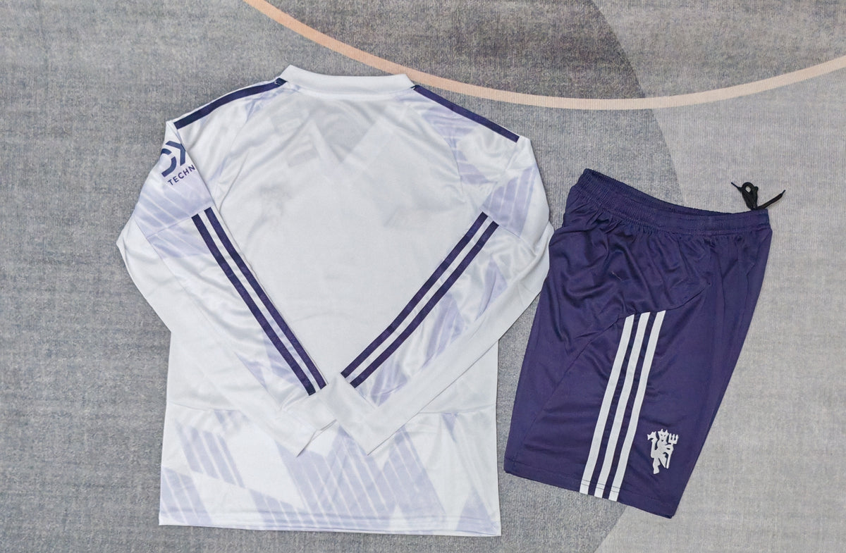 Kit infantil Manchester United Away Manga Longa 25/26  - Branco
