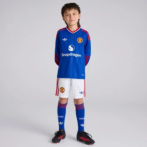 Kit infantil Manchester United Away Manga Longa 26/27 - Azul
