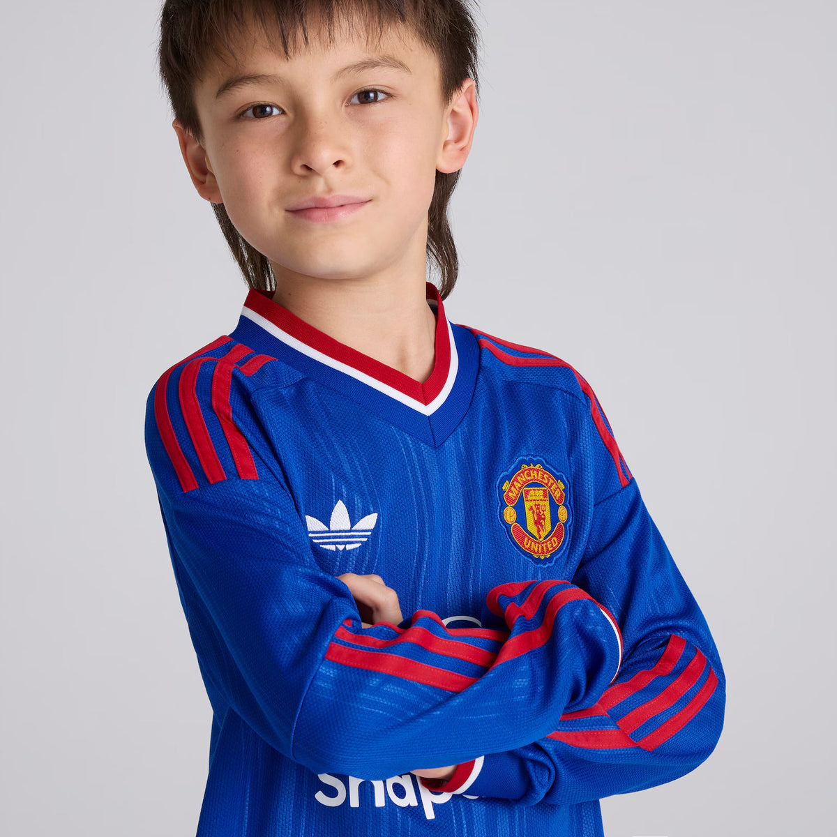 Kit infantil Manchester United Away 26/27 Manga Longa  - Azul