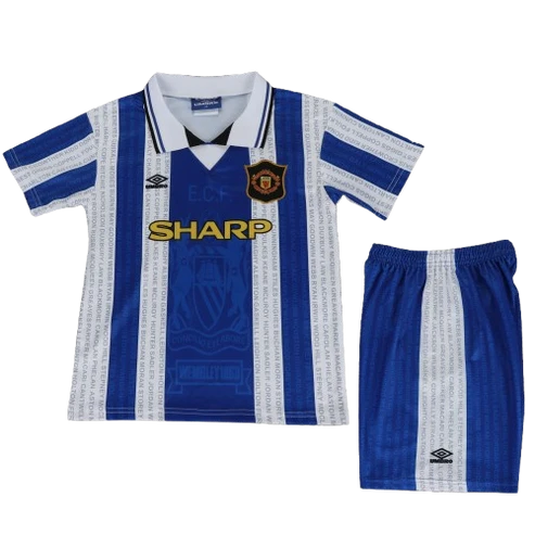Kit infantil Manchester United Retrô Away 94/95  - Azul e Branco