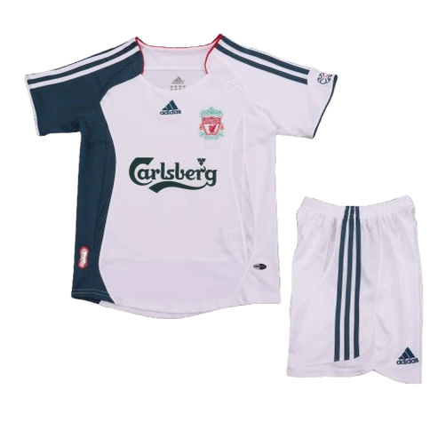 Kit Infantil Liverpool Away Retrô 06/07 - Branco e Verde