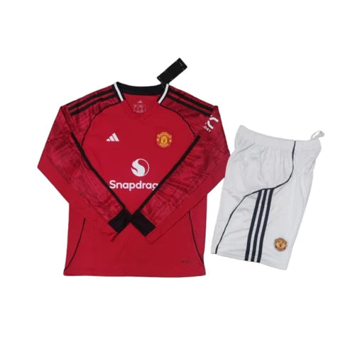Kit infantil Manchester United Home Manga Longa 25/26 - Vermelho