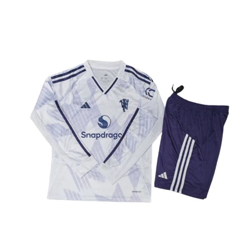 Kit infantil Manchester United Away Manga Longa 25/26  - Branco