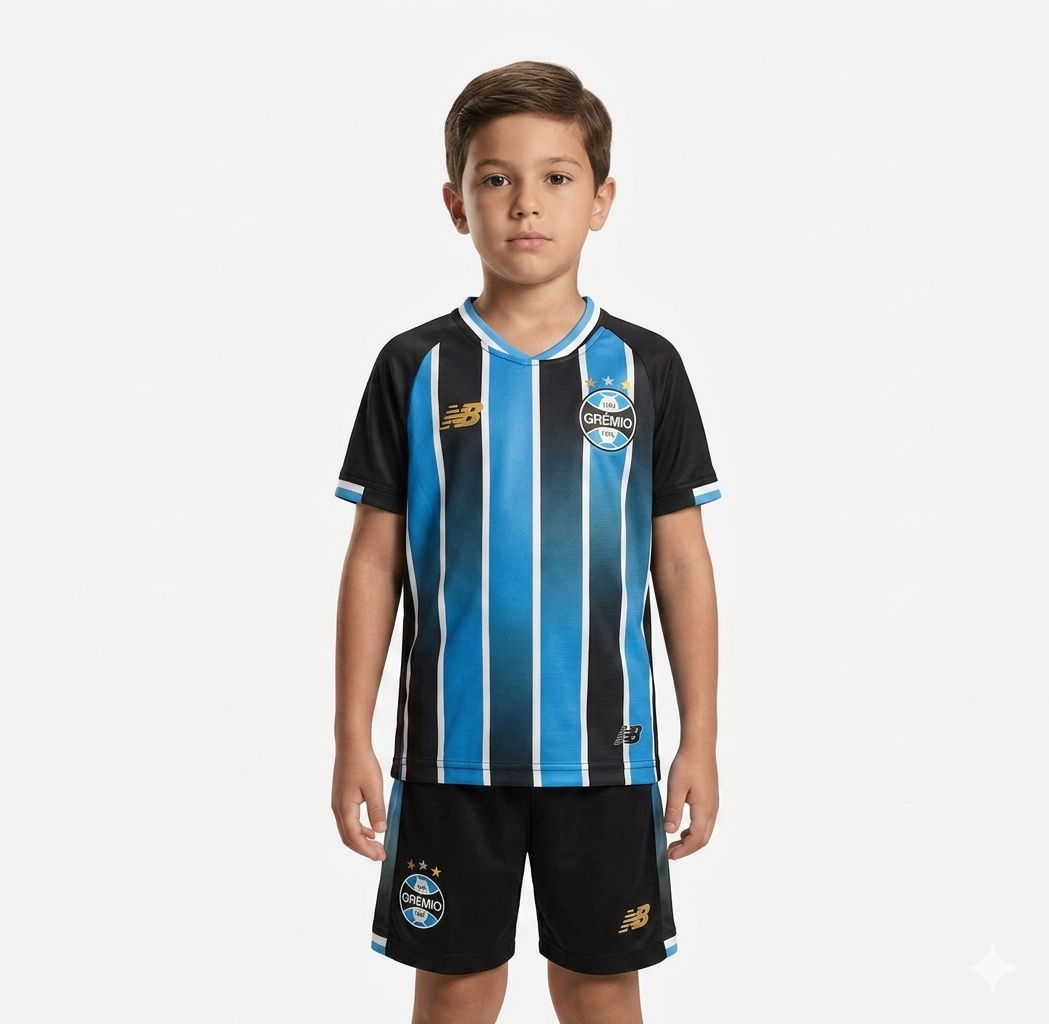 Kit Infantil Grêmio Home 26/27 - Azul, Preto e Branco