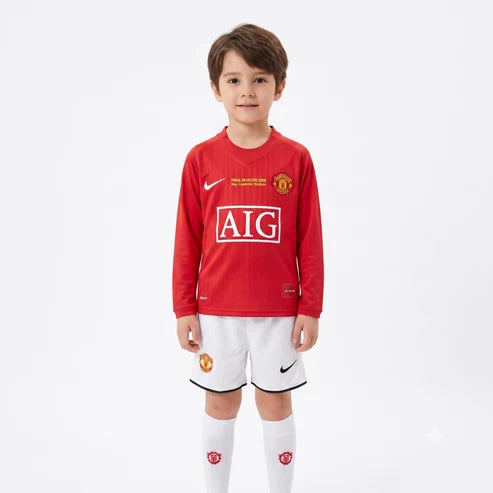 Kit infantil Manchester United Retrô Home Manga Longa 2008 - Vermelho