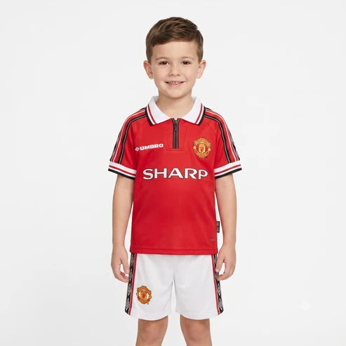 Kit infantil Manchester United Retrô Home 1999 - Vermelho