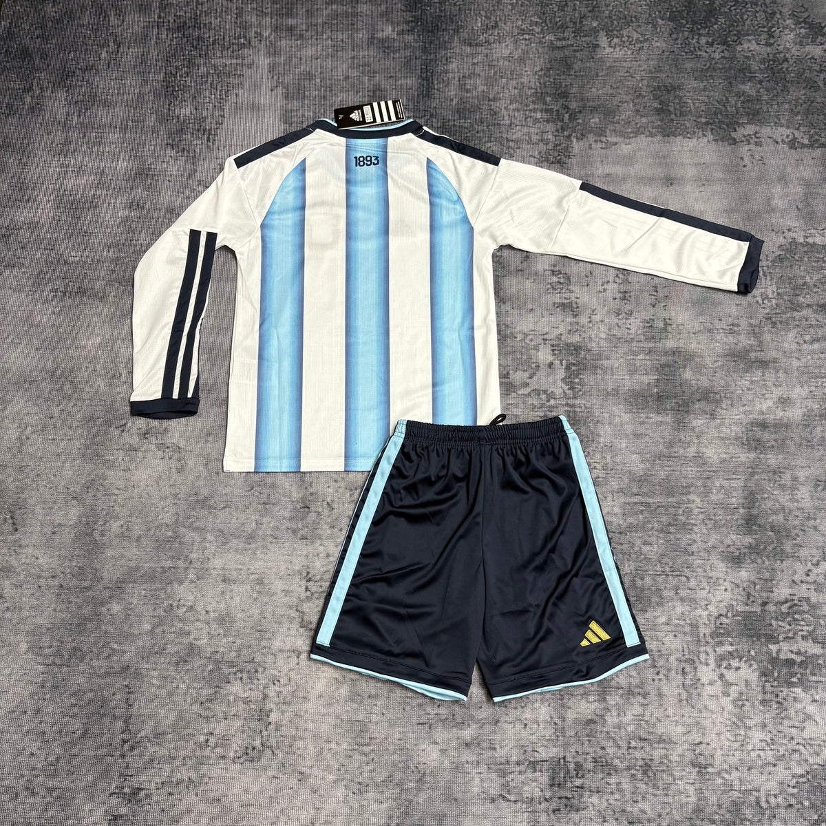 Kit Infantil Argentina Home Manga Longa 26/27 Com Patch Adidas Masculina - Azul e Branca