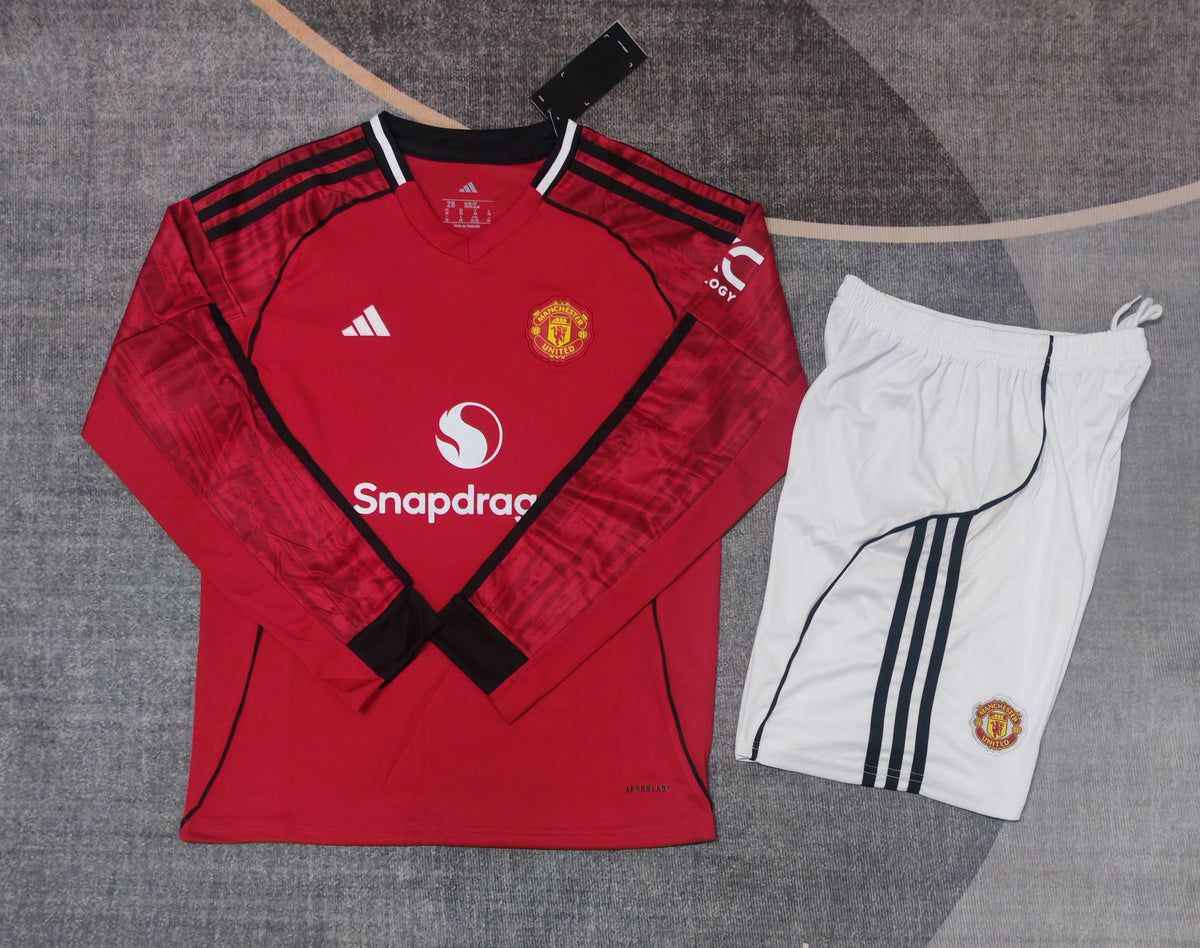 Kit infantil Manchester United Home Manga Longa 25/26 - Vermelho
