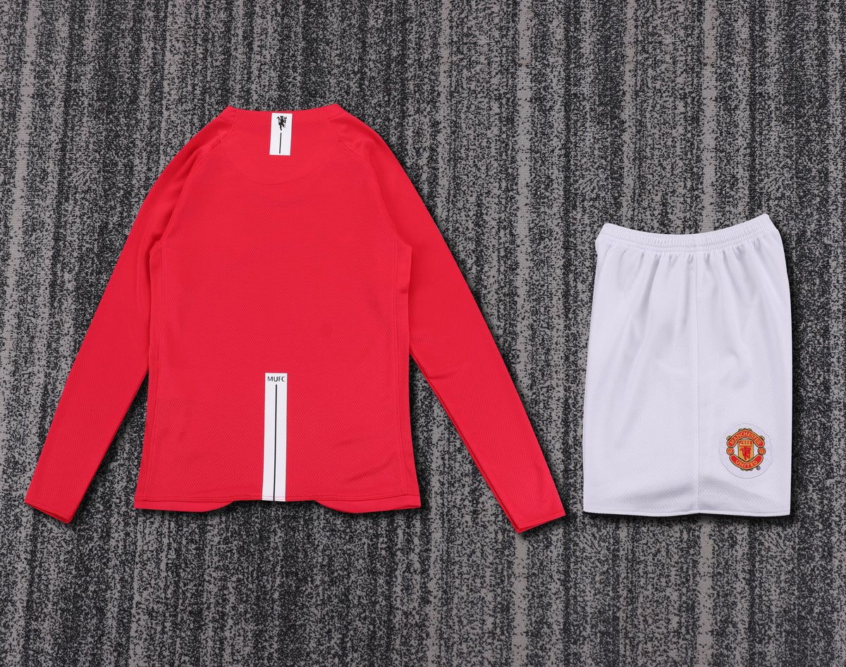 Kit infantil Manchester United Retrô Home Manga Longa 2008 - Vermelho
